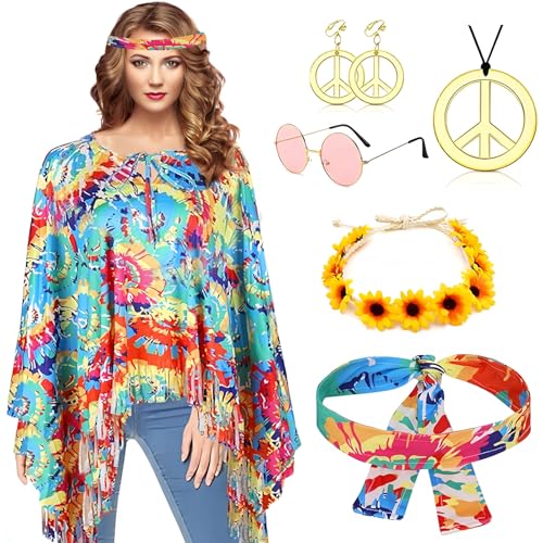 NUUOTP Hippie Kostüm Damen Set mit Poncho, Stirnbändern, Zubehör für 60er/70er Jahre, Disco, Karneval & Motto Party NUUOTP Hippie Kostüm Damen Set mit Poncho, Stirnbändern, Zubehör für 60er/70er Jahre, Disco, Karneval & Motto Party von NUUOTP