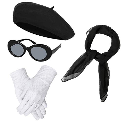 NUWIND 1940er Französisch Klassisch Kostüm Zubehör Set inkl. Barett Brille Handschuhe Chiffon Schal, Retro Accessoires für Mädchen Damen Frauen (schwarz) von NUWIND