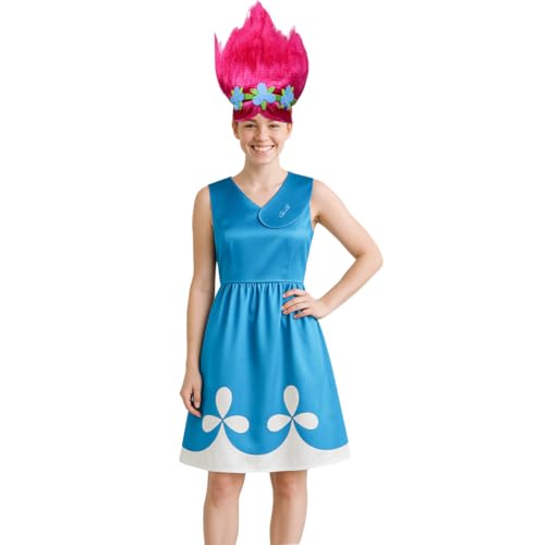 NUWIND Damen Elf Poppy Kostüm Ärmellos Prinzessin Blaues Kleid mit Rosa Perücke für Halloween Karneval Fasching Party Erwachsene Elfen Outfit (L) von NUWIND