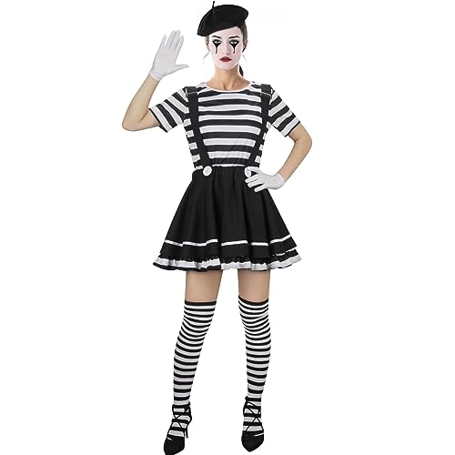 NUWIND Damen Pantomime Kostüm Französisch Klassisch Mime Spiel Set, schwarz-weiß gestreiftes Oberteil Rock Barett Strümpfe Handschuhe Künstler Zirkus Clown Karneval Halloween (XXL) von NUWIND