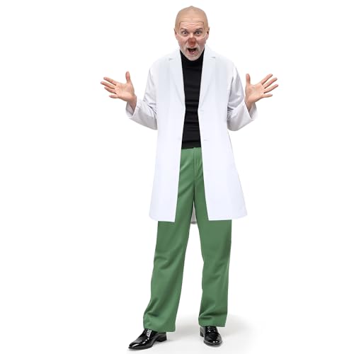 NUWIND Dr. Heinz Doofenshmirtz Cosplay Kostüm Professioneller Wissenschaftler Laborkittel für Herren Schwarzes T-Shirt Grüne Hose Künstliche Nase mit Haarnetz (XXL) von NUWIND