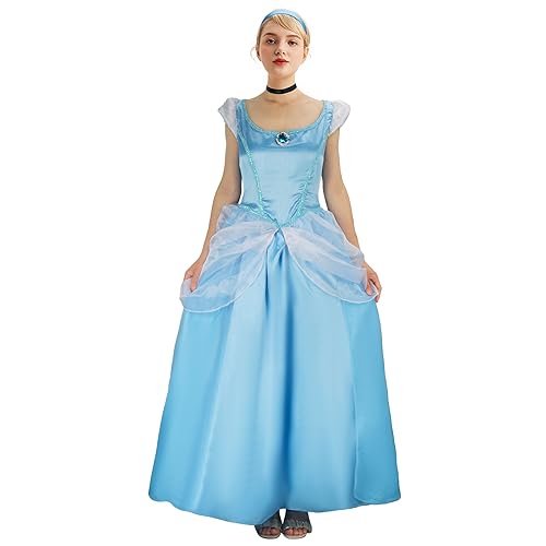 NUWIND Frauen Blau Prinzessin Kleid Kostüm Märchen Verkleidung Haarband Halskette Blumen Tüll Satin Abendkleid Halloween Geburtstag Party (M) von NUWIND