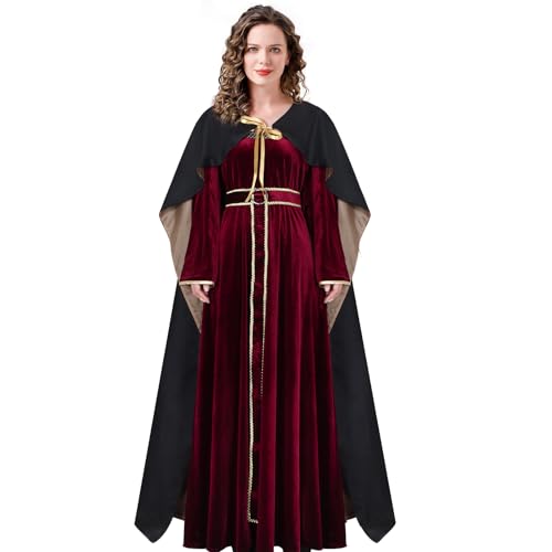 NUWIND Damen Gothel Kostüm Hexe Dunkelrot Langarm Kleid Renaissance Umhang Mantel Halloween Cosplay Outfit Abendkleid Robe Verkleidung (S) von NUWIND