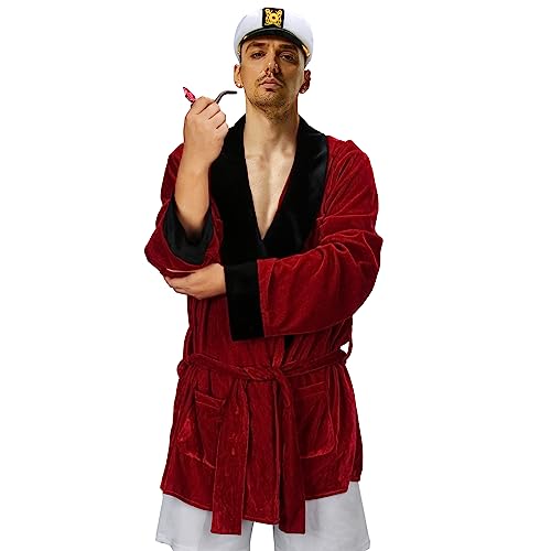 NUWIND Herren Bademantel Rot Samt Morgenmantel Smoking Jacke mit Gürtel Kapitän Hut Pfeife Nachtwäsche Halloween Kostüm Zubehör für Erwachsene (One Size) von NUWIND