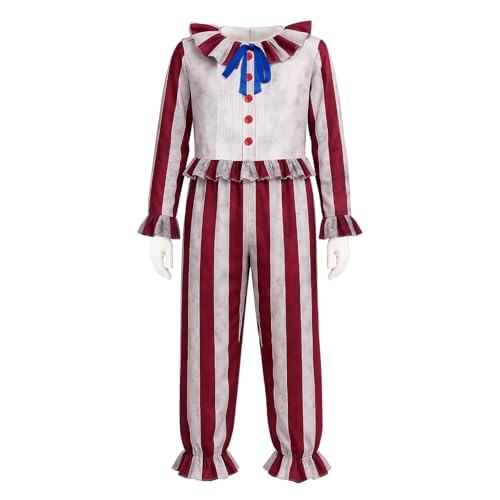 NUWIND Herren Clown Kostüm Overall Kornfeld Halloween Serienkiller Verkleidung Horror Rollenspiel Rot und Weiß Vertikale Streifen Outfit mit Handschuhe (XL) von NUWIND
