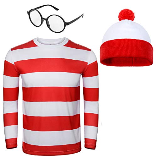 NUWIND Herren Rot-weiß gestreiftes T-Shirt Kit mit Brille & Bommelmütze Walter Kostüm Halloween Cosplay Party Outfit für Erwachsene (S) von NUWIND