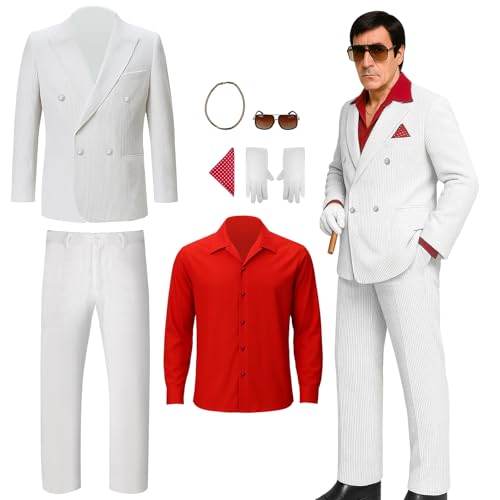 NUWIND Männer Tony Montana Weißer Anzug Kostüm Gangster Rotes Hemd Brille Handschuhe Halsketten Set Halloween 80er Film Cosplay Uniform Outfit (XXL) von NUWIND