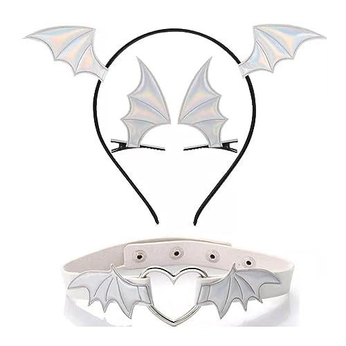NVOQILIN Gothic Dunkle Haarspange Mädchen Choker Halsband Haarspange Teufelsflügel Stirnband Set Gothic Fledermaus Flügel Vielseitiges Choker Fledermaus Zubehör Set von NVOQILIN