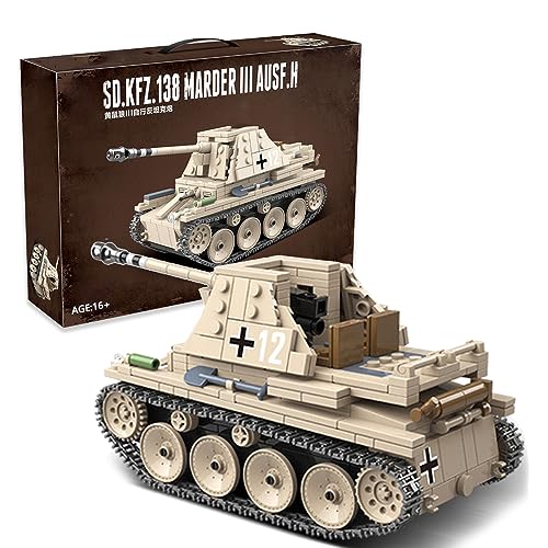 NVOSIYU Marder III Panzer Modell Spielzeug, WW2 Militär Klemmbausteine Panzer Modellbausatz mit 3 Soldaten Figuren, Geschenke für Jugendliche und Erwachsene (608 PCS) von NVOSIYU