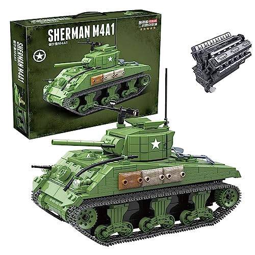 NVOSIYU Sherman M4A1 Panzer Modell Spielzeug, WW2 Militär Klemmbausteine Panzer Modellbausatz mit Soldaten Figuren, Geschenke für Jugendliche und Erwachsene (726 PCS) von NVOSIYU