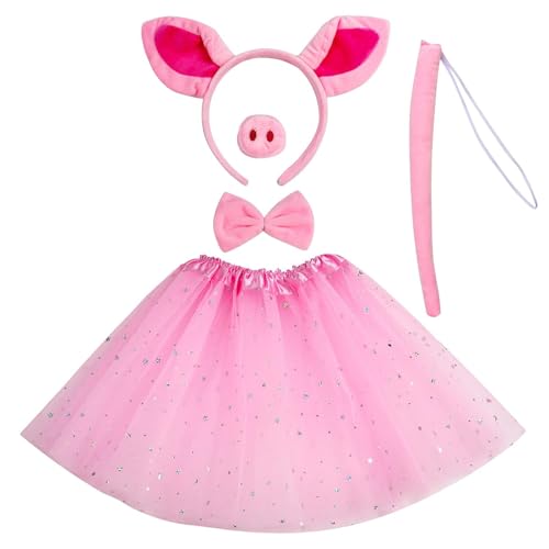 NVTEGR 5-teiliges Schweine-Kostüm-Set für Kinder, Rock, Ohren, Stirnband, Schwanz und Fliege, Schweine-Kostüm für Kinder-Kostümpartys (Rosa) von NVTEGR