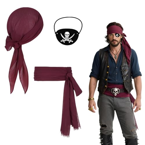 NVTEGR Piraten-Zubehör-Set, Piraten-Bandana, Gürtel und Augenklappe, Outfit für Mittelalter-Renaissance-Kostüm, Halloween-Party, Kostümpartys, 3-teilig von NVTEGR
