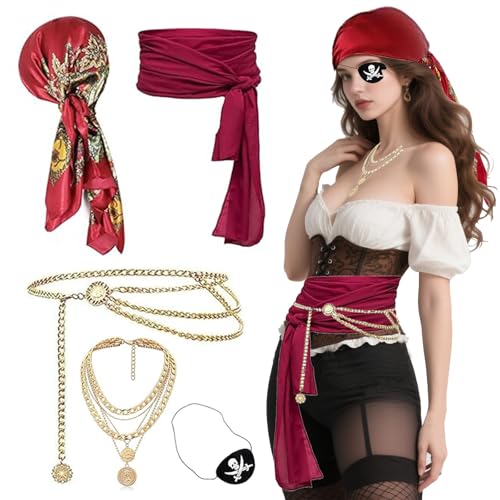 NVTEGR Piratenzubehör für Damen, Piraten-Zubehör für Rollenspiele, Outfit mit Kopftuch, Schärpe, Gürtel, Augenklappe, Halskette und Taillenkette, Piratenkostüm für Halloween-Party, Maskerade, 5 Stück NVTEGR Piratenzubehör für Damen, Piraten-Zubehör für Rollenspiele, Outfit mit Kopftuch, Schärpe, Gürtel, Augenklappe, Halskette und Taillenkette, Piratenkostüm für Halloween-Party, Maskerade, 5 Stück von NVTEGR