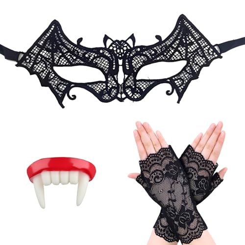 NVTEGR Vampir Zubehör, 3 Stück Gothic Set mit schwarzer Spitzenmaske, Vampirzähne und fingerlosen Handschuhen für Halloween Cosplay und Mottoparty NVTEGR Vampir Zubehör, 3 Stück Gothic Set mit schwarzer Spitzenmaske, Vampirzähne und fingerlosen Handschuhen für Halloween Cosplay und Mottoparty von NVTEGR