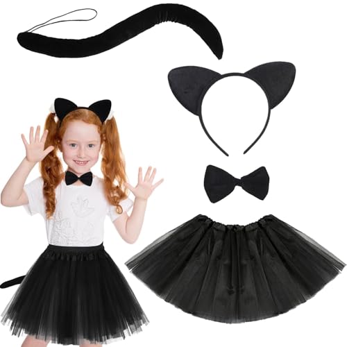 NVTRSD 4 Stück Kostüm Katze Kinder, Katzenkostüm Kinder Set mit Katzenohren Stirnband Schwarz Tütü, Adorable Kätzchenkostüm Katzen Cosplay Kostüm für Mädchen Karneval Cosplay Halloween Party von NVTRSD