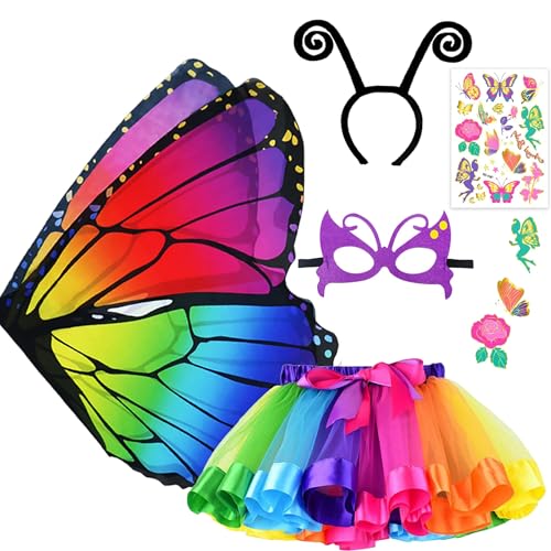NVTRSD 5 Stück Schmetterling Kostüm Kinder, Bunte Flügel, Maske, Tüllrock, Haarreif und Tattoos, Toll für Halloween, Cosplay und Faschingskostüme Kinder Regenbogen NVTRSD 5 Stück Schmetterling Kostüm Kinder, Bunte Flügel, Maske, Tüllrock, Haarreif und Tattoos, Toll für Halloween, Cosplay und Faschingskostüme Kinder Regenbogen von NVTRSD