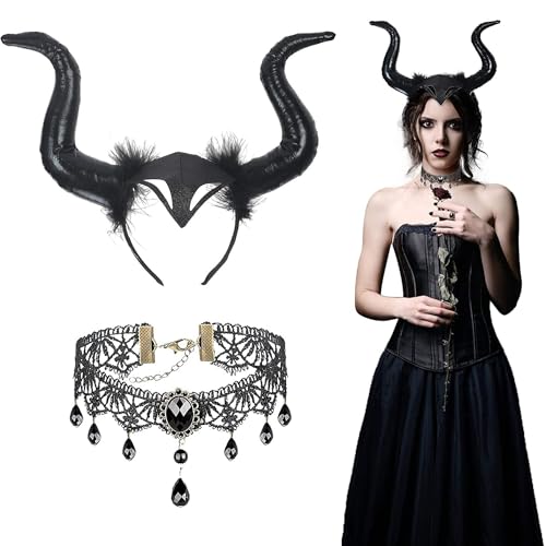 NVTRSD Böse Königin Teufel Kopfschmuck mit Gothic Halskette, Schwarz Teufelshorn, Maleficent Kostüm Zubehör für Gothic-Dekoration, Halloween, Cosplay, Damen, Mädchen, Karneval von NVTRSD