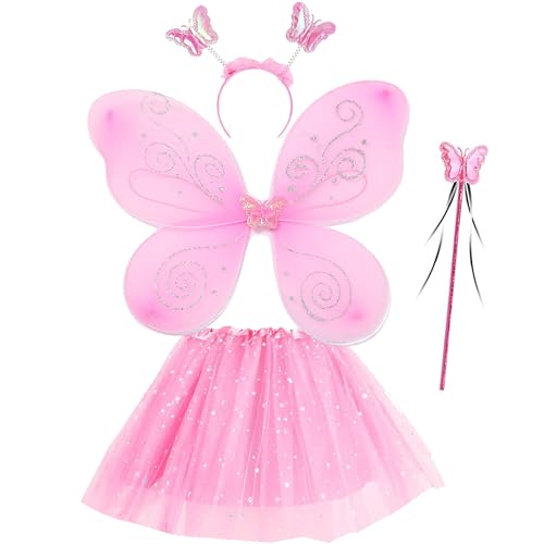NVTRSD Feenkostüm Mädchen, Schmetterling Kostüm Kinder Rosa Schmetterlingsflügel und Tüllrock Set für Mädchen, Faschingskostüme Kinder, Haarreif, für Fasching, Karneval von NVTRSD