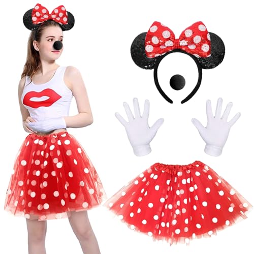 Faschingskostüme Damen, Maus Mouse Kostüm, Rot Tutu mit weiß Gepunktet, Haarreifen mit Maus Ohren, Handschuhe, Nase, Karnevalskostüme für minnie mouse für Fasching Karneval Motto Cosplay Party von NVTRSD