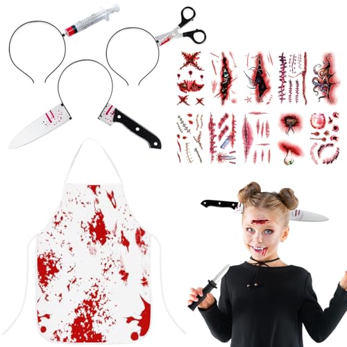 NVTRSD Schockierendes Halloween-Set: 3 Grusel-Stirnbänder (Messer, Schere, Spritze im Kopf) + Blutige Metzger-Schürze + 10 Realistische Narben-Tattoos | Horror Accessoires für Erwachsene Party von NVTRSD