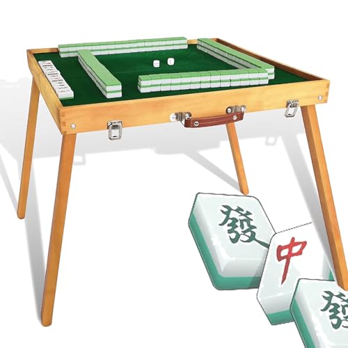 NVYAZJ Klappbarer Mahjong-Tisch aus Holz mit 144 Mahjong-Fliesen-Set, tragbarer Majong-Tisch mit Aufbewahrungsbox aus Holz, Aufbewahrungstasche, 4 Würfel, 50 x 50 x 41 cm, für gemeinsame von NVYAZJ