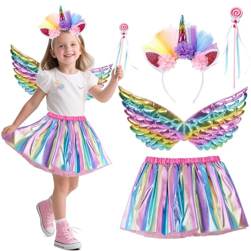 NXPZ 4 Pcs Regenbogen Einhorn Kostüm Kinder, Einhorn Kostüm Prinzessin Set, mit Einhorn Haarreif Einhorn Flügel Zauberstab Tüllrock, Einhorn Geschenk für Mädchen 3-8 Jahre von NXPZ