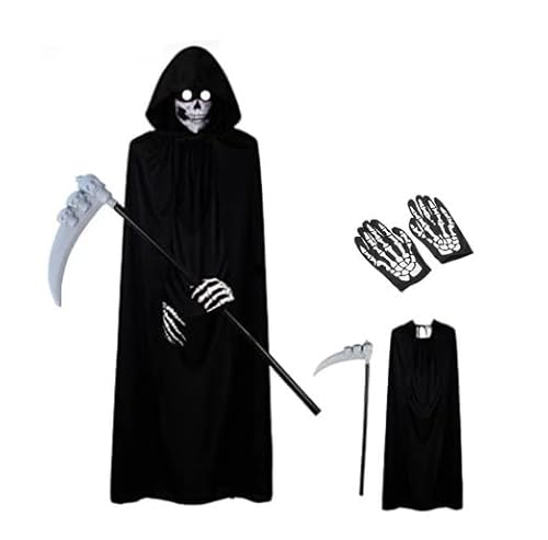 NXPZ Sensenmann-Kostüm, Halloween, Sensenmann, schwarzer Umhang mit Kapuze – Handtuch für das Gesicht des Schädels, Schädelhandschuhe, Halloween-Kostüm von NXPZ