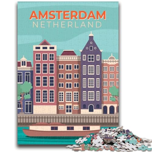 Amsterdam, Niederlande, 1000-teiliges Puzzle für Erwachsene, Lernspiele, DIY-Spielzeug mit passendem Poster und Quizblatt, für Kinder ab 14 Jahren, 1000 Teile (26x38cm) von NYANBFKEA