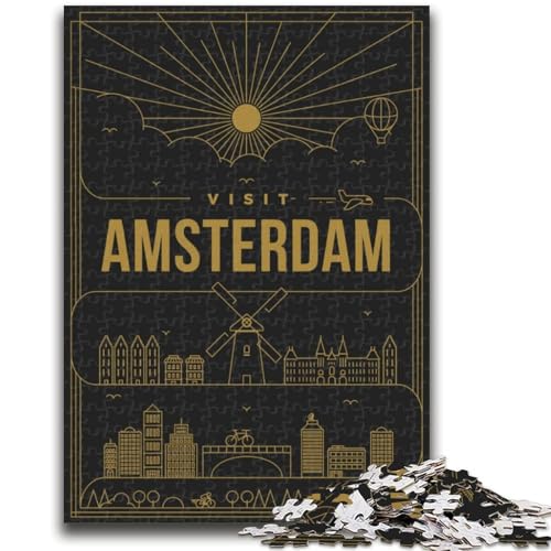 Amsterdam Niederlande Puzzle für Teenager, 1000 Teile, Lernspielzeug, Familienspiele mit passendem Poster und Quizblatt, 1000 Teile (26x38cm) von NYANBFKEA
