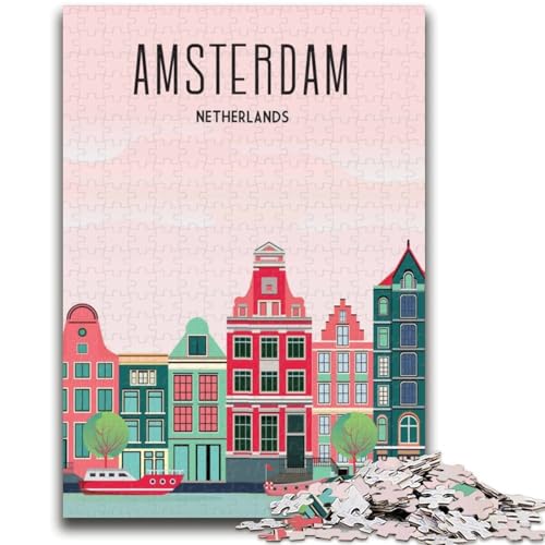 Amsterdam Reise Vintage Puzzle 1000 Teile für Erwachsene, Spielzeug, Lernspiele, Stressabbau, Wichtelgeschenke für Kinder ab 14 Jahren, 1000 Teile (50x75cm) von NYANBFKEA