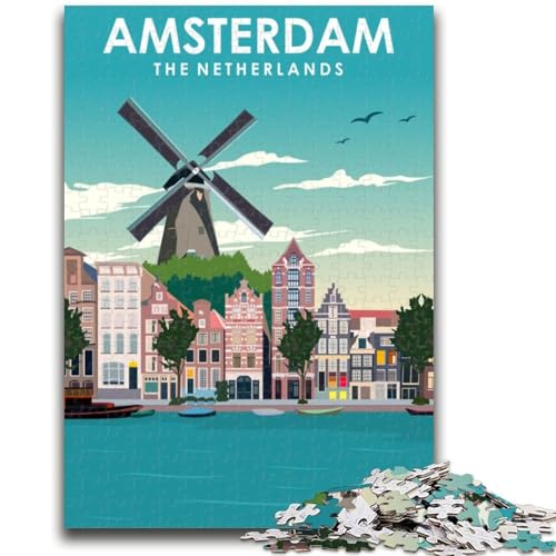 Amsterdam Windmill Travel 1000-teiliges Puzzle für Teenager, Geschenke, Familienspiel, Stressabbau, schwierige Herausforderung, tolle Geschenke und Spielzeuge, 1000 Teile (26x38cm) von NYANBFKEA