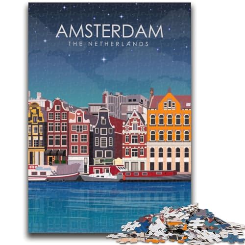 Amsterdam bei Nacht Reisepuzzle für Teenager, 1000 Teile, Familienaktivität mit passendem Poster und Quizblatt, für Kinder ab 14 Jahren, 1000 Teile (50x75cm) von NYANBFKEA