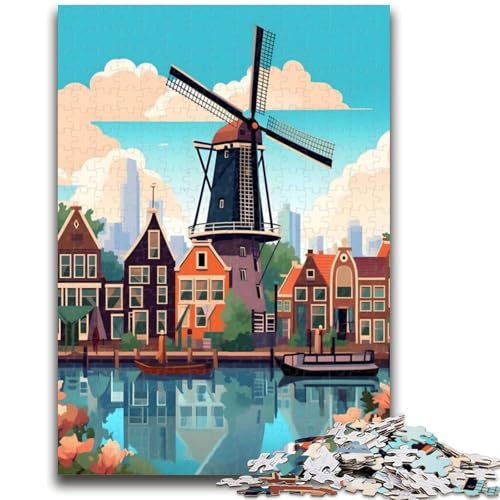 Amsterdamer Windmühlen-Reisepuzzle für Teenager, 1000 Teile, Familienaktivität mit passendem Poster und Quizblatt, für Kinder ab 14 Jahren, 1000 Teile (50x75cm) von NYANBFKEA