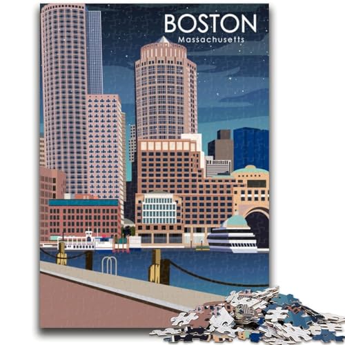 Boston Massachusetts Art 1000-teiliges Puzzle für Erwachsene, Lernspiele, DIY-Spielzeug mit passendem Poster und Quizblatt für Kinder ab 14 Jahren, 1000 Teile (26x38cm) von NYANBFKEA