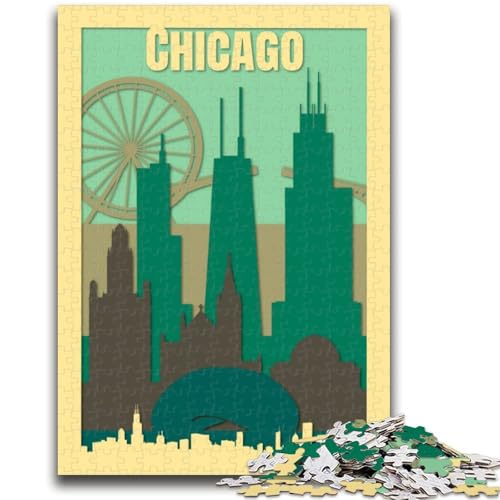 Chicago-Reiseposter-Puzzle, 1000 Teile, für Teenager, anspruchsvolles Spielspielzeug, Wanddekoration, einzigartige Geburtstags, 1000 Teile (26x38cm) von NYANBFKEA