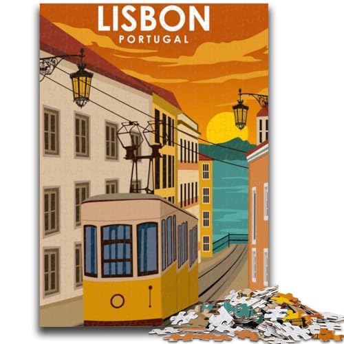 Lissabon Portugal Straßenbahn-Kunst 1000-teiliges Puzzle für Jugendliche und Erwachsene, Stressabbau, schwierige Herausforderung für die Heimdekoration für 14+, 1000 Teile (26x38cm) von NYANBFKEA