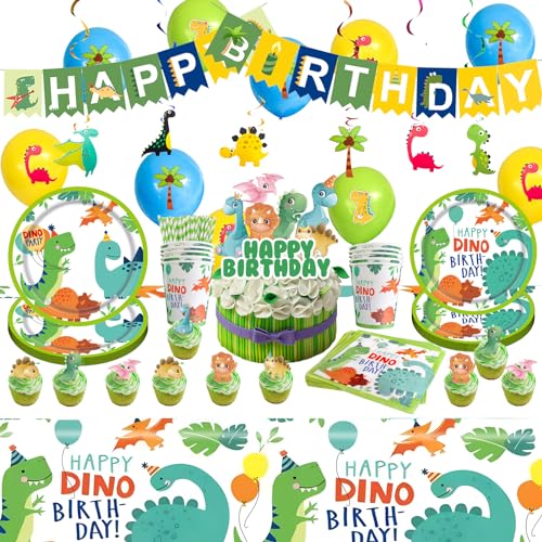 NYSLDSCO 105 Pcs Dschungel Dinosaurier Party Set, Tier Muster Party Besteck, Jungen und Kinder erste Geburtstagsfeier, niedliche Ballon Dekoration, geeignet für 10-Gäste zu verwenden (01-KONG LONG A1) von NYSLDSCO
