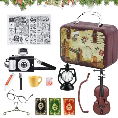15 Stück Miniatur Puppenhaus Zubehör, Miniatur Vintage Deko, Wichtel Reise Zubehör, Wichtel Zubehör Set Kamera Brillen Geige Bücher Koffer, Weihnachten Deko Geschenk für Puppenhaus 15 Stück Miniatur Puppenhaus Zubehör, Miniatur Vintage Deko, Wichtel Reise Zubehör, Wichtel Zubehör Set Kamera Brillen Geige Bücher Koffer, Weihnachten Deko Geschenk für Puppenhaus von NYZQIW