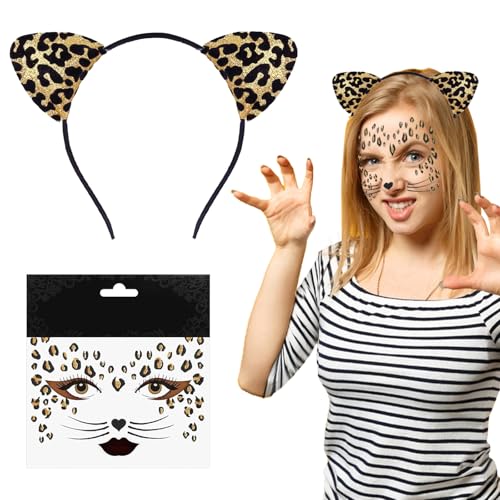 NYZQIW Leoparden Kostüm Set, Katzenohren Haarreif und Gesicht Aufkleber, Temporäre Tattoos, Leoparden Kostüm Leoparden Face Tattoo für Fasching, Halloween, Damen, Kinder, Erwachsene NYZQIW Leoparden Kostüm Set, Katzenohren Haarreif und Gesicht Aufkleber, Temporäre Tattoos, Leoparden Kostüm Leoparden Face Tattoo für Fasching, Halloween, Damen, Kinder, Erwachsene von NYZQIW