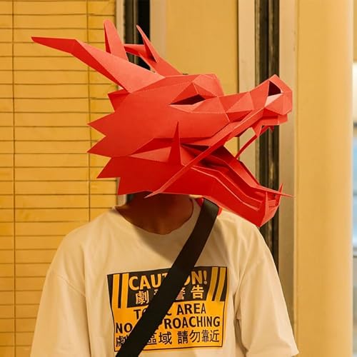 NZPOST Vorgeschnittene 3D-Papiermaske, chinesischer Drache, Tier, Halloween-Kostüm, Cosplay, DIY, Papierhandwerk, Modellmaske (rot) von NZPOST
