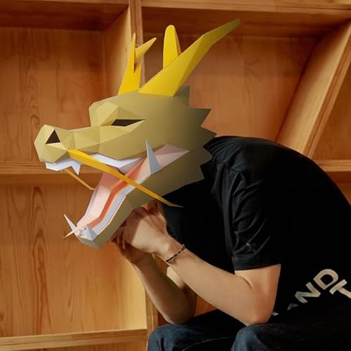 NZPOST Vorgeschnittene 3D-Papiermaske, chinesischer Drache, Tier, Halloween-Kostüm, Cosplay, DIY-Papierhandwerk, Modellmaske (Gold) von NZPOST
