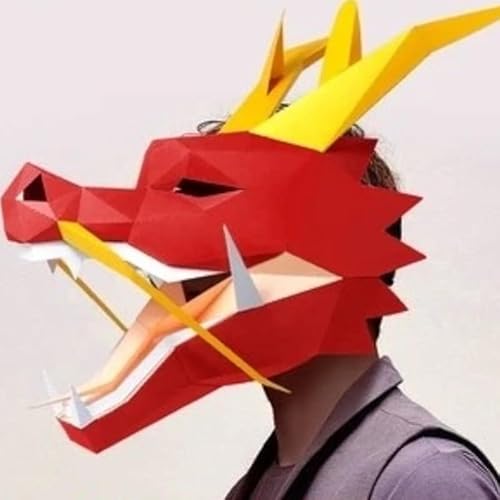 NZPOST Vorgeschnittene 3D-Papiermaske, chinesischer Drache, Tier, Halloween-Kostüm, Cosplay, DIY-Papierhandwerk, Modellmaske (Rot + Gold) von NZPOST