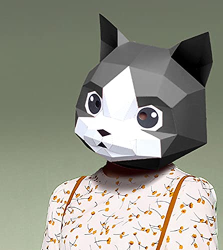 NZPOST Vorgeschnittene 3D-Papiermaske Katze Kitty Tier Halloween Kostüm Cosplay DIY Papier Handwerk Modell Maske Weihnachten (Schwarz) von NZPOST