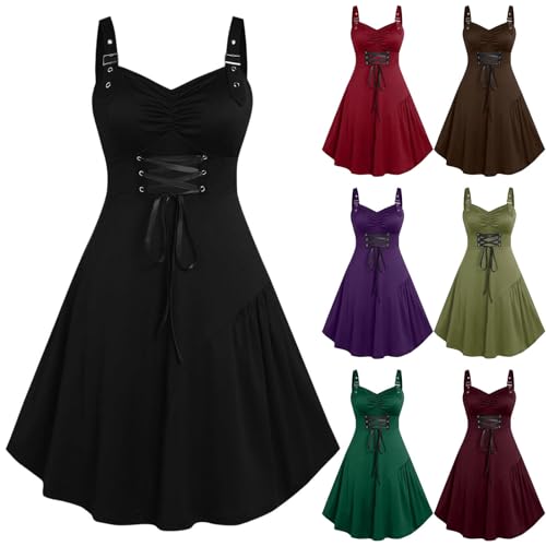 NZYIHAO Damen Mittelalter Kleid Ärmellos mit Schnürung Gesmokt A-Linie Renaissance Kleider Hexenkostüm Gothic Kleidung Piratenkostüm Halloween Kostüm von NZYIHAO