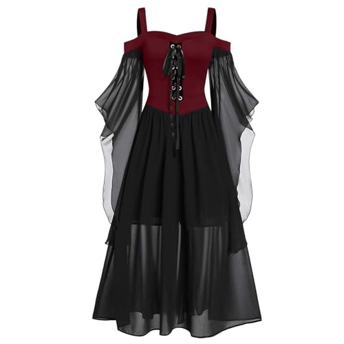 NZYIHAO Die Discounter Mittelalter Kleid Damen Halloween Kostüm Große Größen Mesh Gothic Maxikleid Schulterfrei Schnürkleid mit Schmetterlingsärmeln Renaissance Cosplay Kleider von NZYIHAO