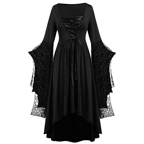 NZYIHAO Die Discounter Renaissance Kostüm Frauen Mittelalterliches Kleid mit Trompetenärmel Totenkopf Druck Gothic Kleider Damen Mittelalter Kleidung für Halloween Karneval Große Größen von NZYIHAO