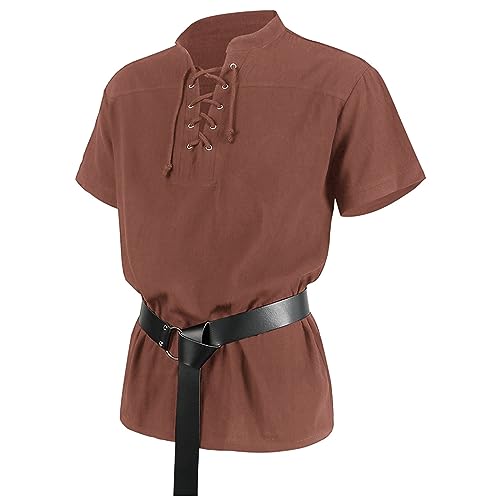 NaLatia Herren Mittelalter Hemd mit Schnürung, Piratenhemd Wikinger Tunika Steampunk Retro Renaissance Gothic Halloween Kostüm mit Gürtel von NaLatia
