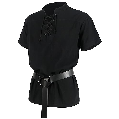 NaLatia Herren Mittelalter Hemd mit Schnürung, Piratenhemd Wikinger Tunika Steampunk Retro Renaissance Gothic Halloween Kostüm mit Gürtel von NaLatia
