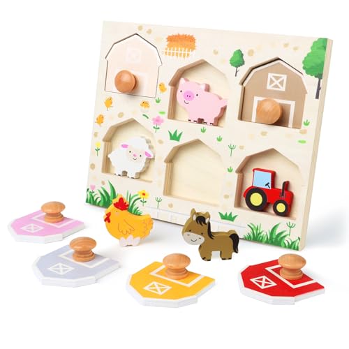 Nabance Holzpuzzle Montessori Spielzeug ab 1 Jahr Bauernhof Tier Puzzles Landfahrzeug Pony Holzspielzeug Motorikspielzeug ab 1 Jahr Geschenk für Baby Junge Mädchen 1 2 Jahr von Nabance