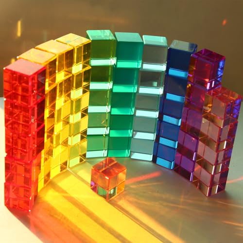 Nabeta Deco 50pcs Regenbogen Kristall Acryl Würfel Kinder Lernen Farbe Licht Schatten Spielzeug, Stapeln Edelsteinblöcke Sensorische Bausteine für Kinder von Nabeta Deco